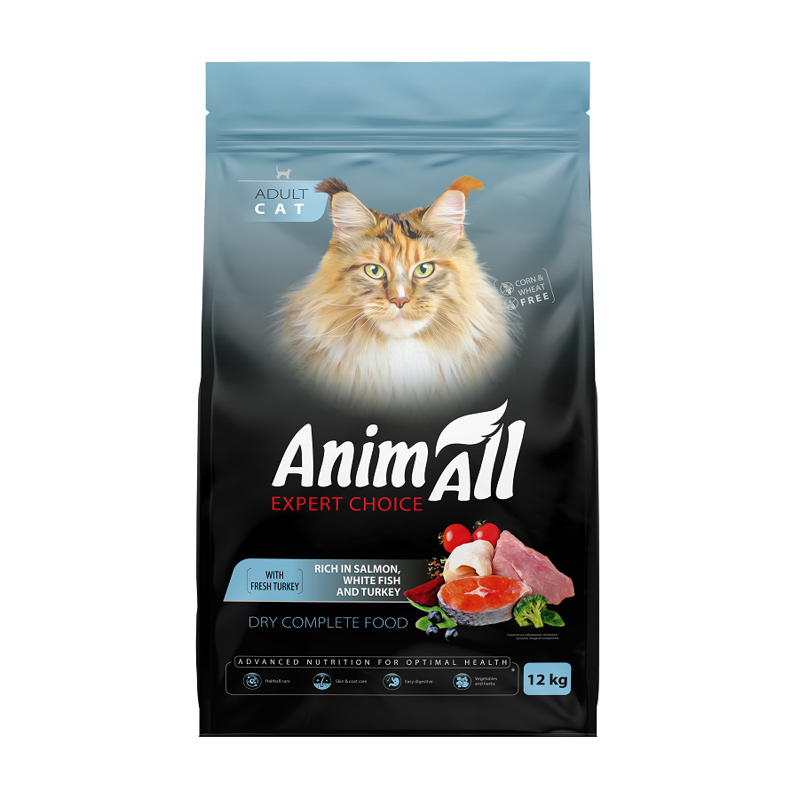 Корм для кошек сухой AnimAll с лососем белой рыбой и свежей индейкой 12 кг Корм для кошек сухой AnimAll с лососем белой рыбой и свежей индейкой 12 кг