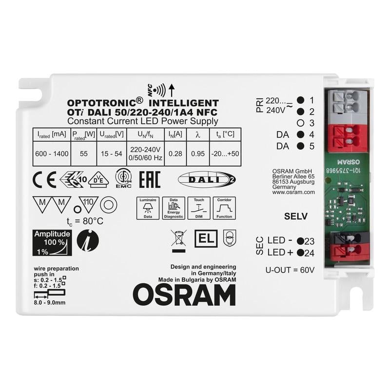 LED-драйвер Osram OTi DALI 50W 220-240V выходная 15-54V 1400 mA DIM NFC IP20 (4062172061889)