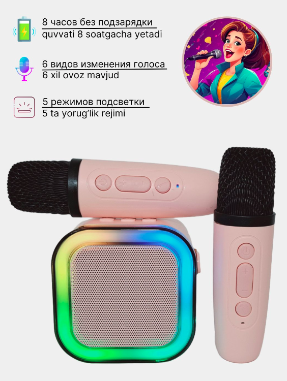 Портативная колонка с микрофонами Winso K12 10 W RGB Bluetooth/USB microSD AUX (VP-509) - фото 6