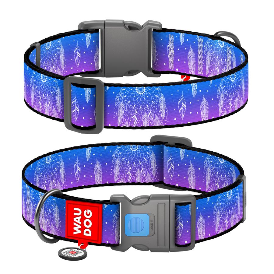 Ошейник для собак с QR-паспортом Waudog Nylon Ловец снов пластиковый фастекс XXL 35 мм 46-70 см Purple (284-0063)