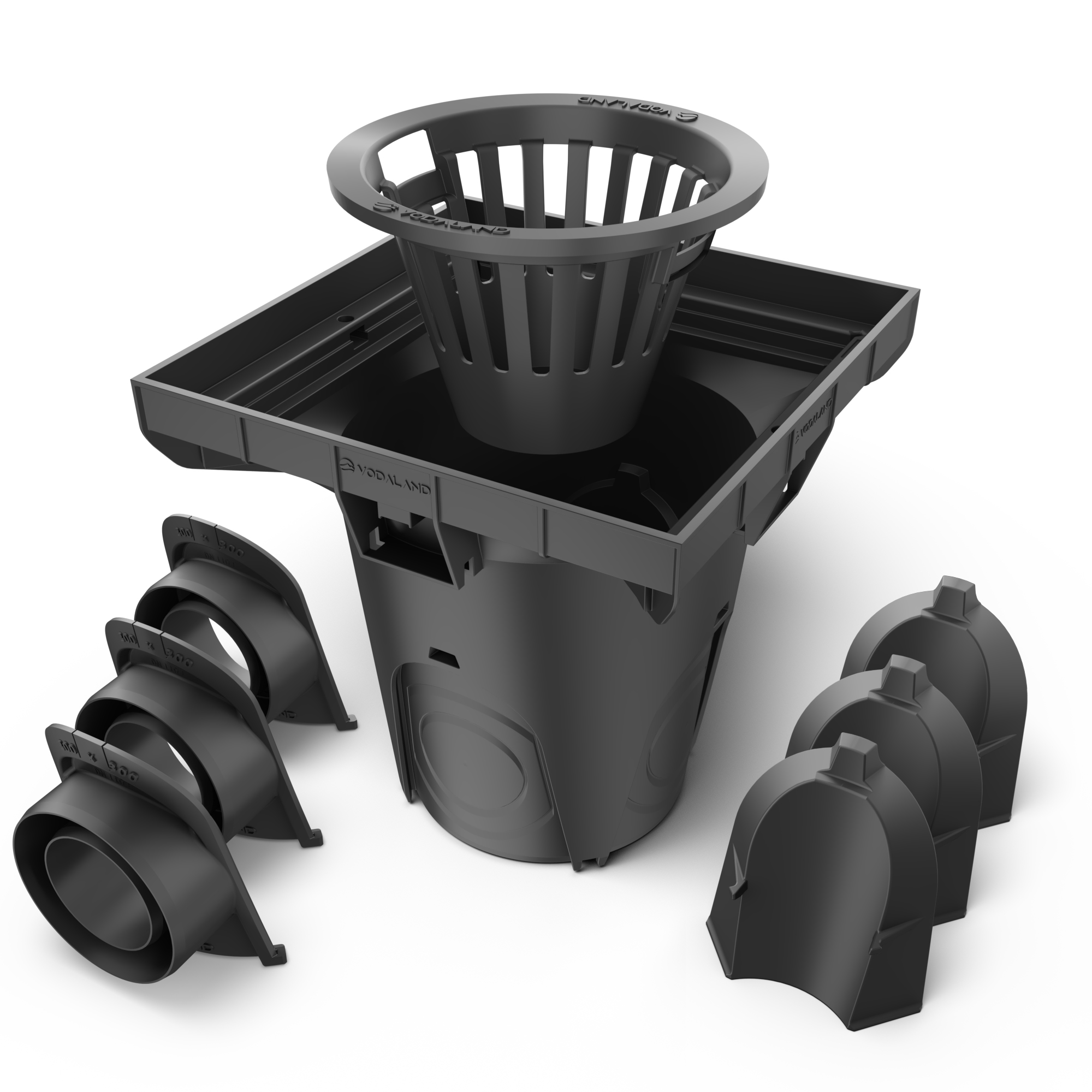 Дождеприемник пластиковый Vodaland NEO 300х300 с корзиной и 3 встроенными патрубками Ø 110 мм (К8370011-3/3)