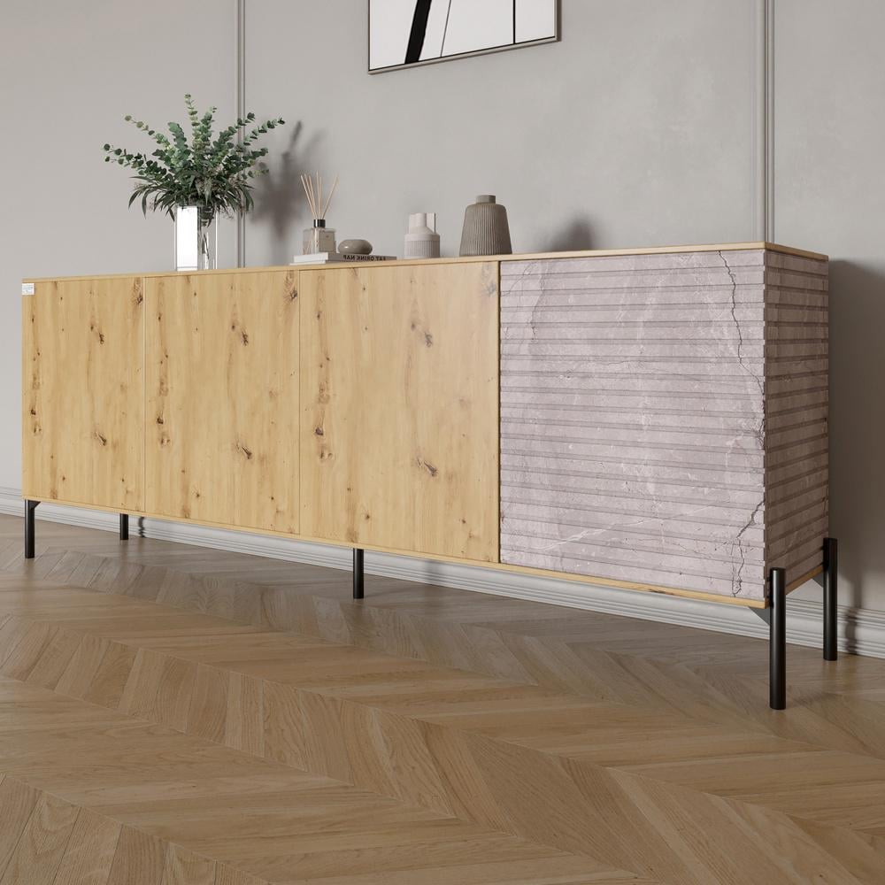 Комод у вітальню Lion Грей на чорних металевих ніжках 204x38x76,5 см Дуб Артизан/Камінь (000-000-2050)