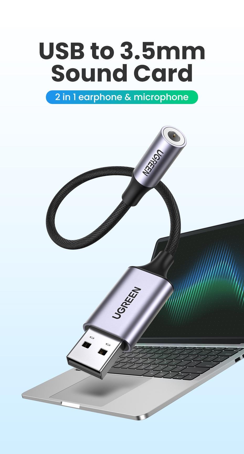 Звукова карта з підтримкою мікрофону UGREEN USB-3,5 мм minijack 24 біт/96 кГц TRRS AUX 4-піновий металевий Чорний (30757) - фото 3 Звукова карта з підтримкою мікрофону UGREEN USB-3,5 мм minijack 24 біт/96 кГц TRRS AUX 4-піновий металевий Чорний (30757) - фото 3
