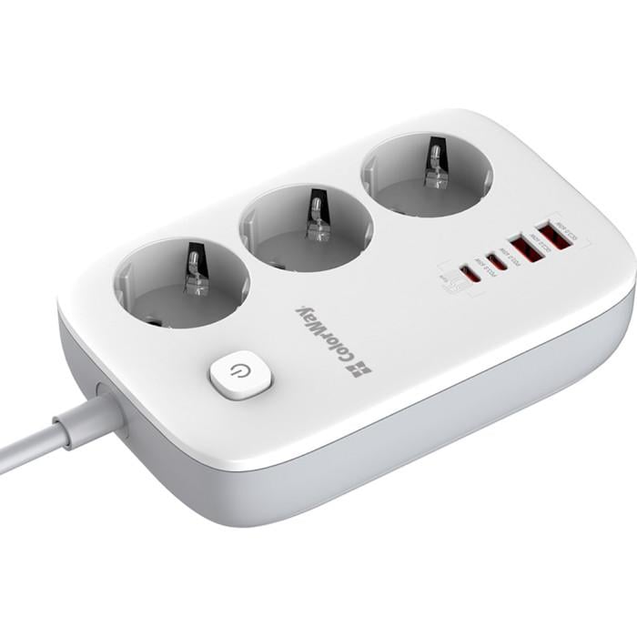 Мережевий фільтр ColorWay CW-CHE34PDW GaN3 Pro PD 65W 3 розетки 2 USB-A 2 USB-C 2 м White (26075395)