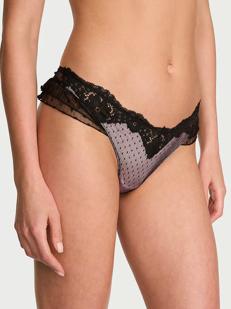 Трусики стринги Victoria’s Secret Heritage Dot Mesh Lace-Trim Flutter Thong Panty S Черный (27236118)