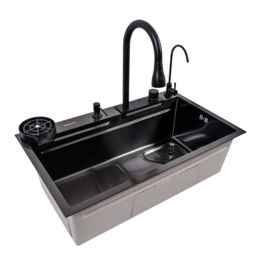 Комплект кухонная мойка и смеситель Valeso PVD Handmade Водопад 75x46 см F Fly rain Черный (29279268)