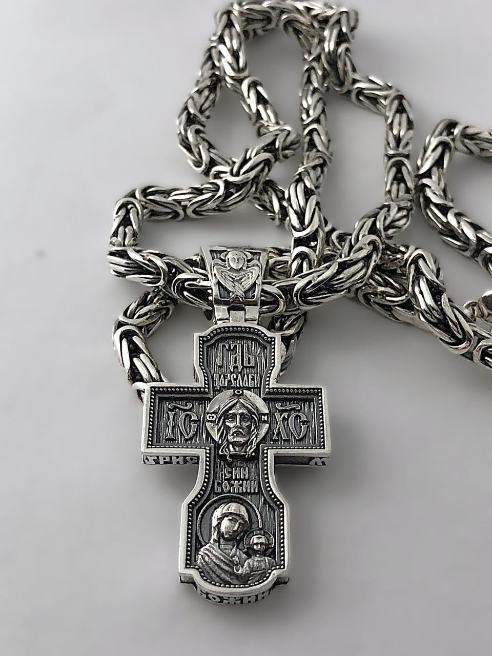 Цепочка мужская серебряная Лись хвост Византия и крестик с образом Николая Чудотворца 55 см