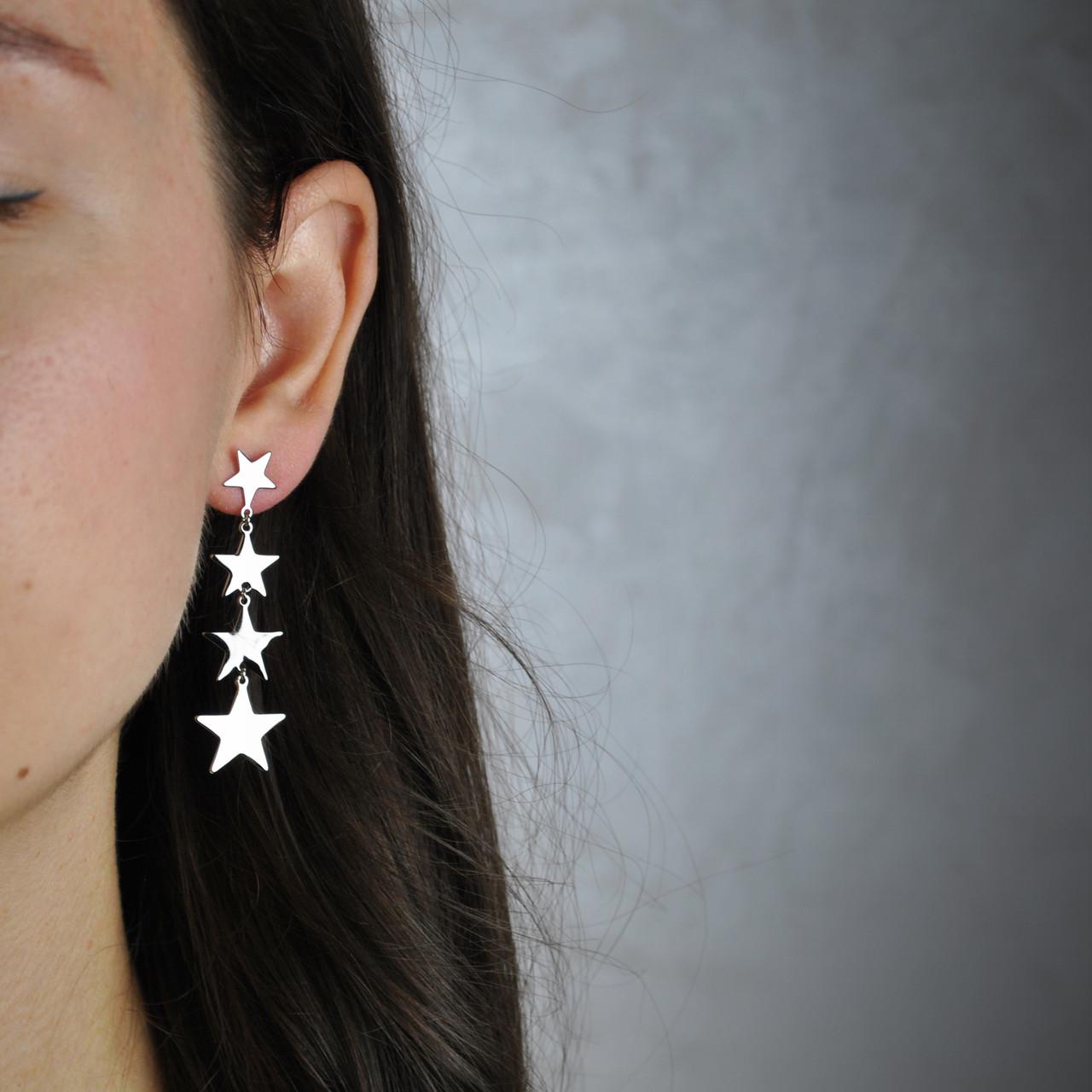 Сережки цвяшки 4 зірки медична сталь родій (x202-1) - фото 2