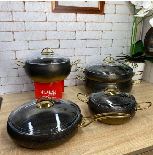 Набір посуду з сотейником та сковорідкою OMS з антипригарним покриттям для індукціі 9 предметів Чорний/Золотий (3024-ind-gold)