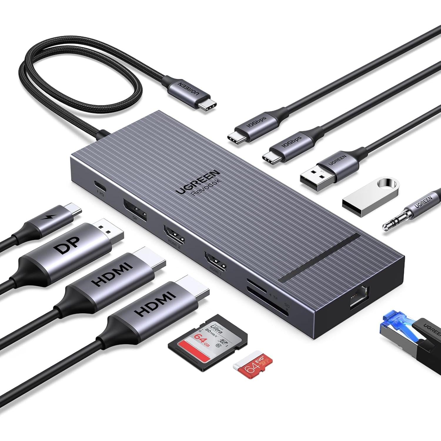 Док-станция UGREEN Revodok Pro 3121 CM886 12в1 2 USB-C/2 USB-A/2 HDMI 2.0/DisplayPort до 85 Вт Серый (55767)