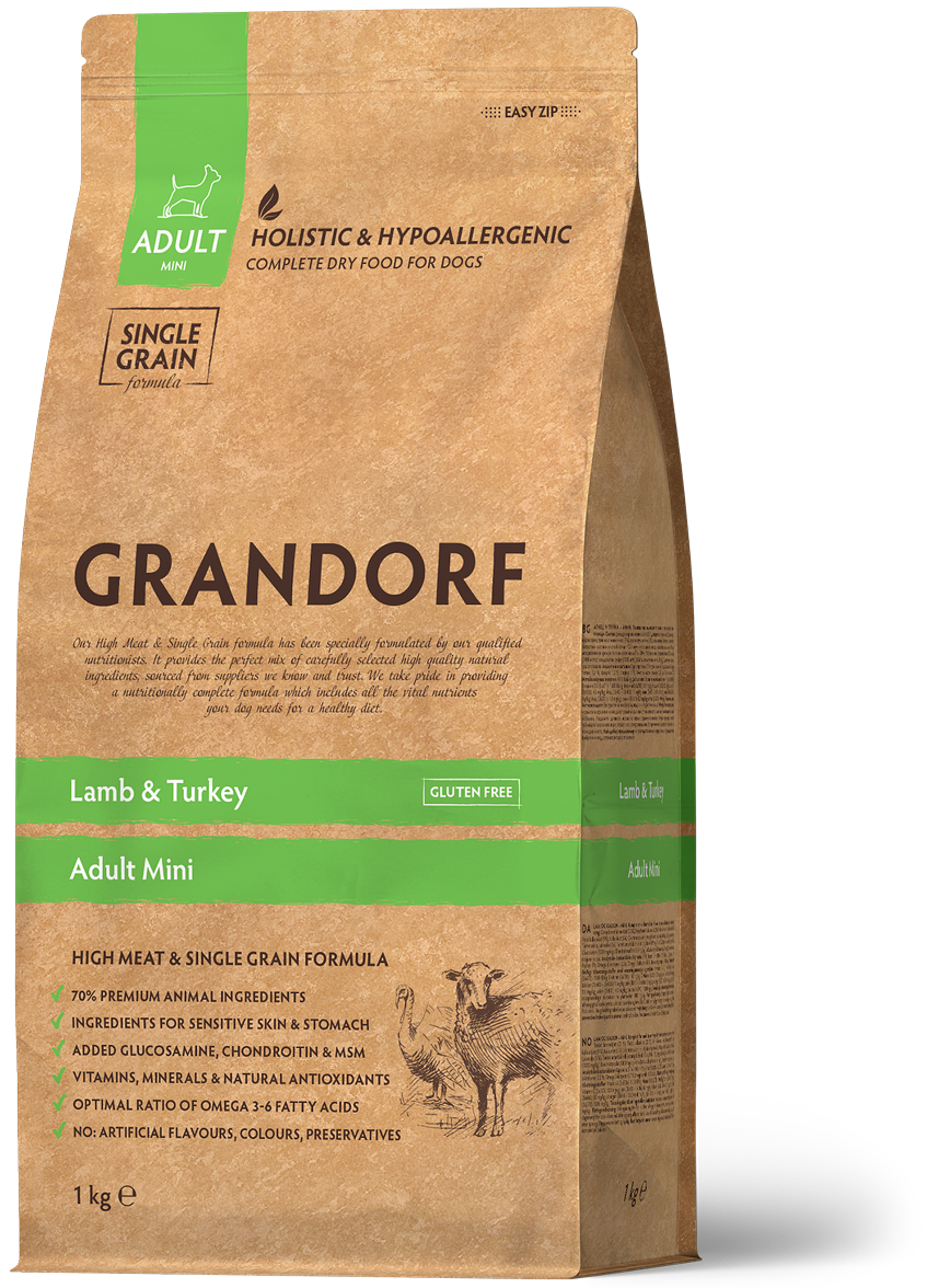 Корм для взрослых собак мелких пород Grandorf LAMB & TURKEY мини ягненок с индейкой 1 кг (93101)