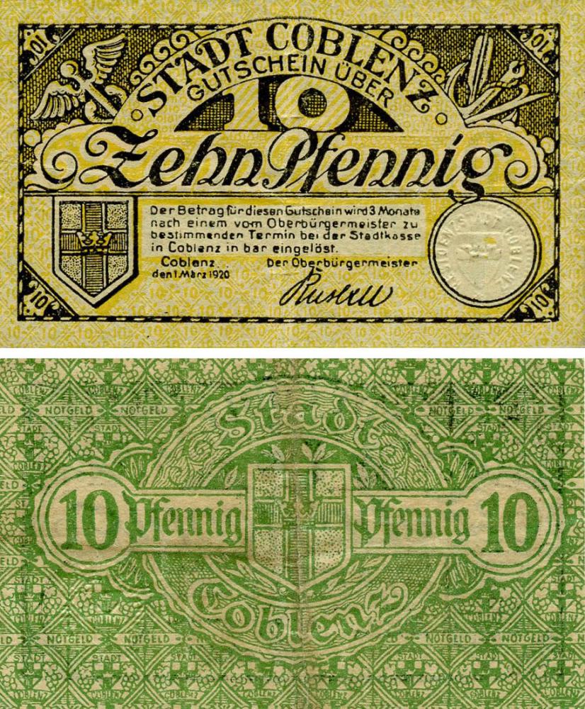 Коллекционная банкнота Германия Нотгельд 10 пфеннигов 1920 F-VF Кобленц (Б18468)