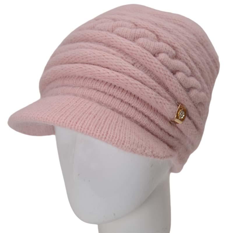 Шапка ангорова з козирком жіноча Novita Інга об'ємна подвійна з красивим візерунком та брошкою one size Рожева Пудровий
