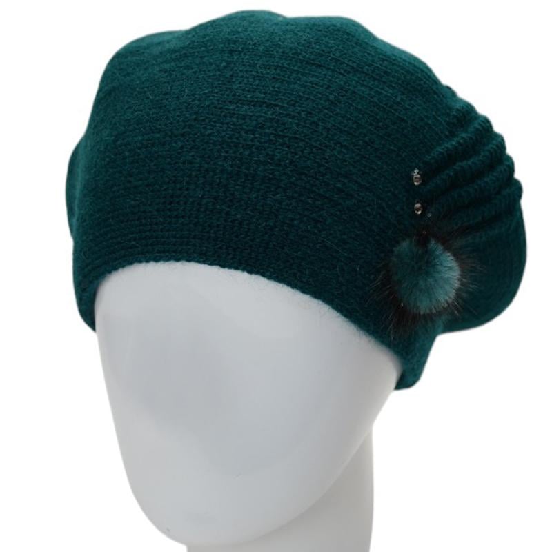 Берет женский двойной Lirus Ванеса с узором и стразами Зеленый