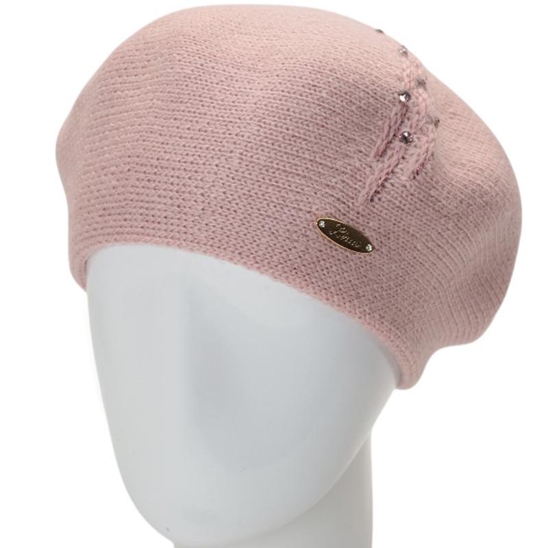 Берет женский осенний двойной Lirus Ожерелье с узором и стразами Розовый пудровый