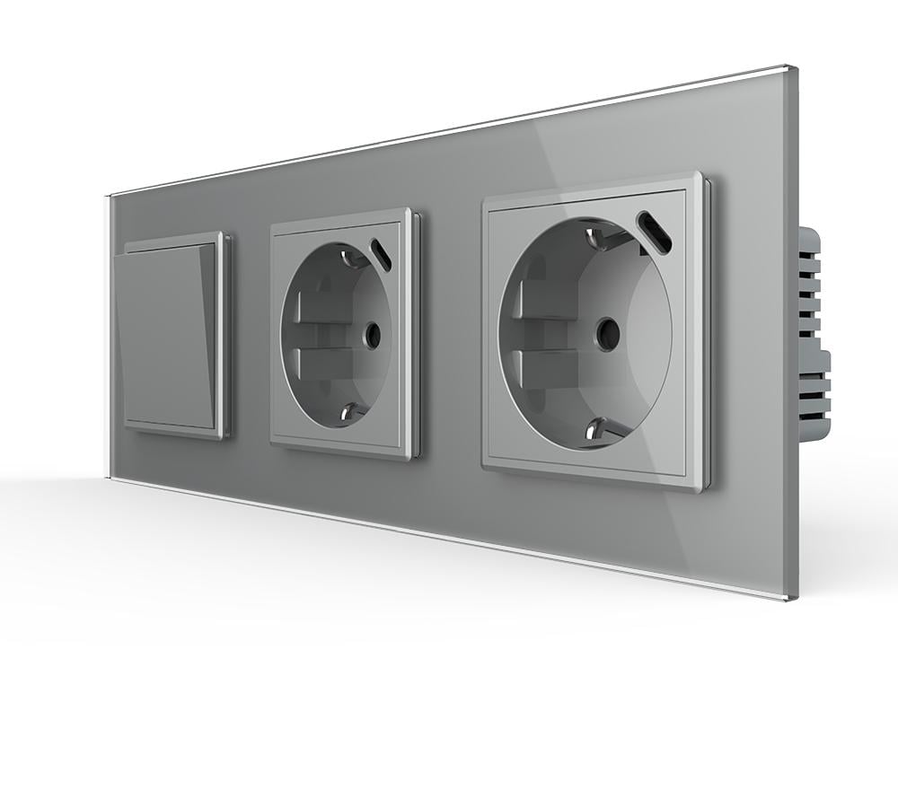Выключатель перекрестный Livolo с двумя розетками USB Type-C 18Вт с заземлением/защитными шторками стекло Серый Выключатель перекрестный Livolo с двумя розетками USB Type-C 18Вт с заземлением/защитными шторками стекло Серый