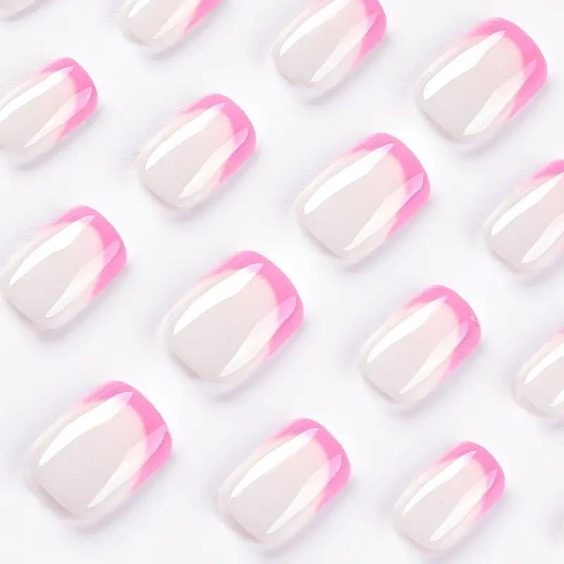 Накладні нігті короткі Кольоровий френч квадрат з клейовими пластинами та пилкою 24 шт. Рожевий (2789190718) - фото 5