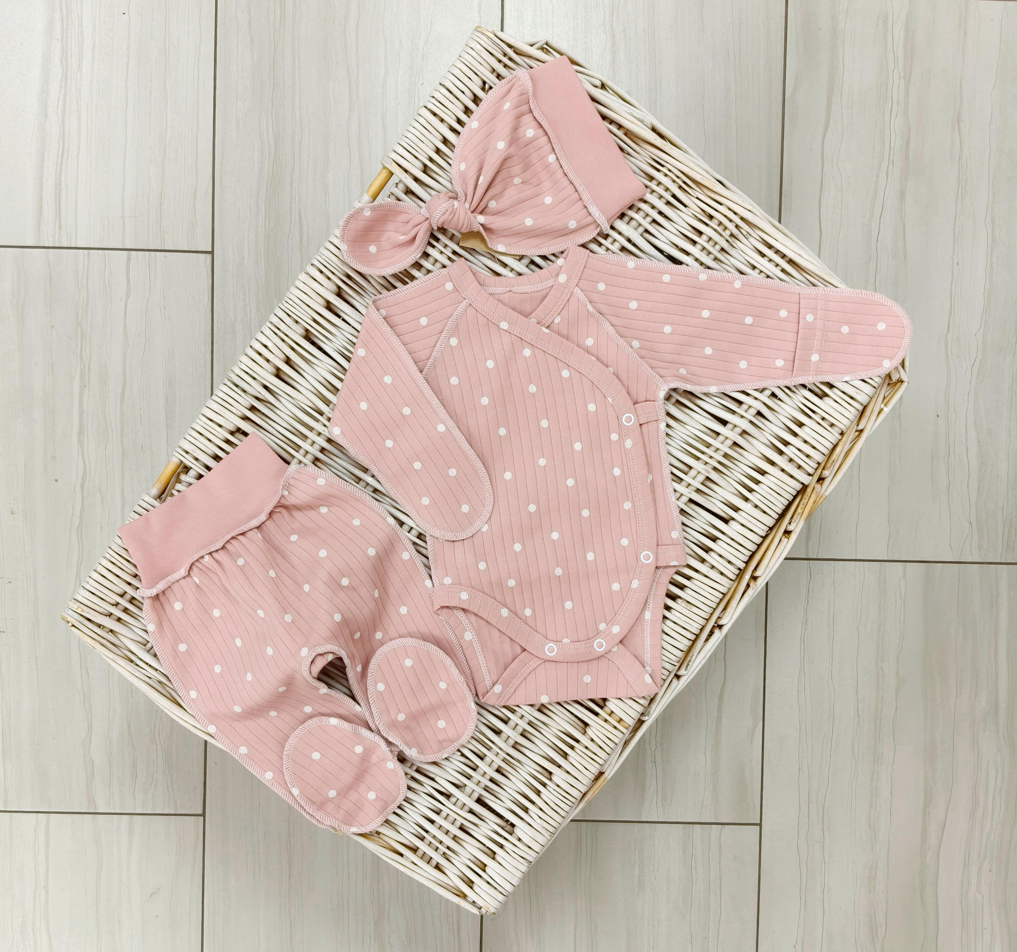 Комплект для новонароджених в рубчик Тімі текс Білий горох 56 см Пудровий