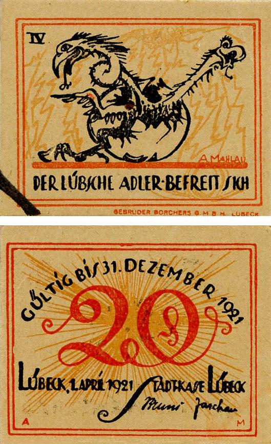 Коллекционная банкнота Германия Нотгельд 20 пфеннигов 1921 F-VF Любек Разновидность (Б16187)