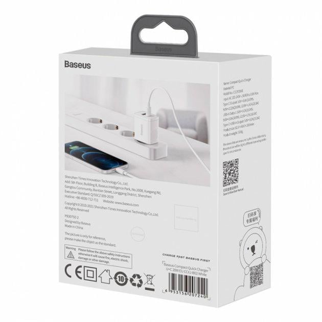 Зарядний пристрій Baseus 20W USB+Type-C Compact Quick Charger QC3.0+PD3.0 3A White (CCXJ-B02) - фото 12