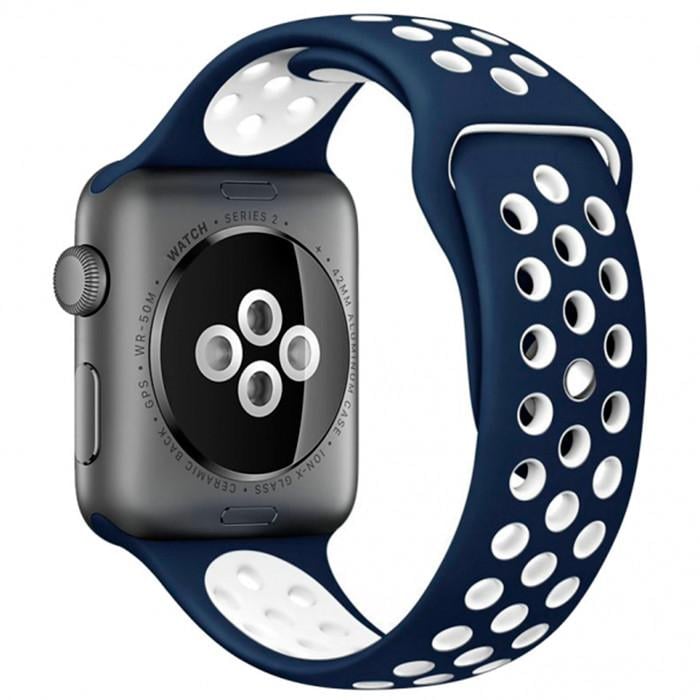 Ремешок силиконовый с перфорацией для Apple Watch 42/44/45 mm Series SE/7/6/5/4/3/2/1 Сине-белый