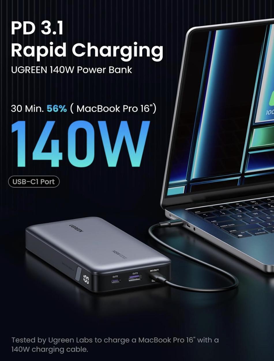 Повербанк UGREEN 145W 3-port Laptop Fast Charging 25000 mAh (PB205) - фото 3