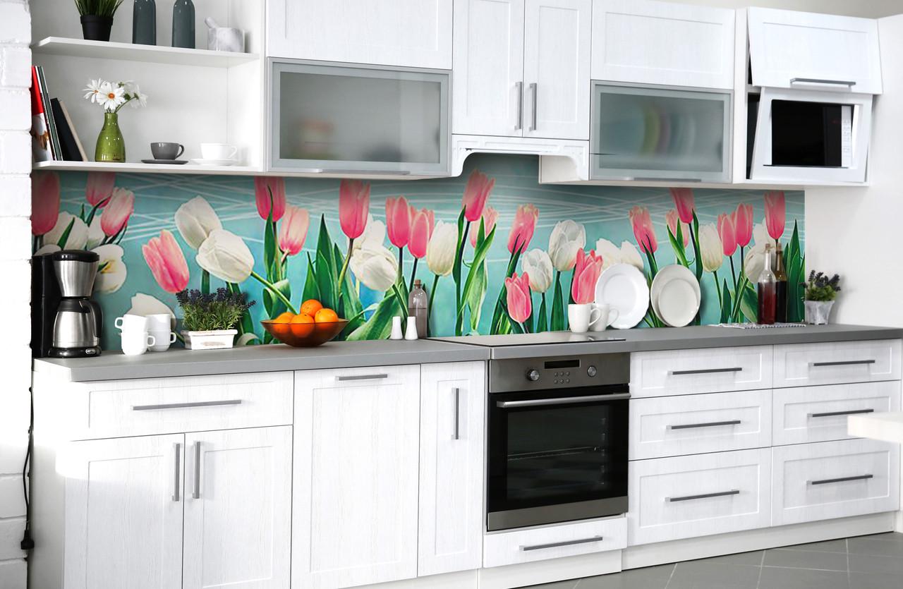 Кухонный фартук Пышные тюльпаны из самоклеящейся виниловой пленки 60х250 см Голубой