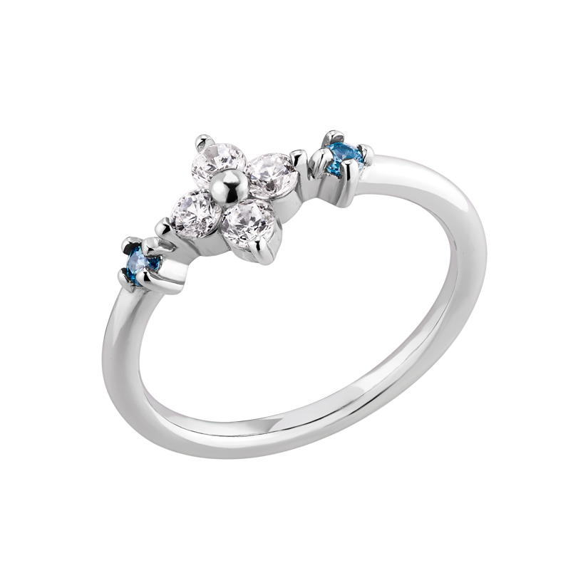 Кольцо серебряное Цветочный акцент сочетание белых и голубых фианитов р. 18