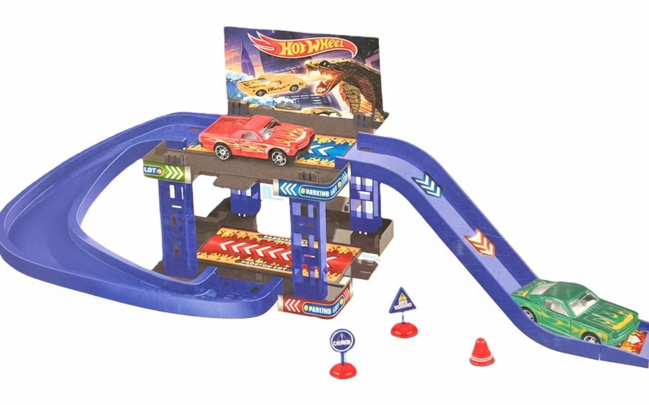 Автотрек з дорожніми Hot Wheel дві машинки 25 деталей дворівевний з наліпками та дорожніми знаками (31383011)