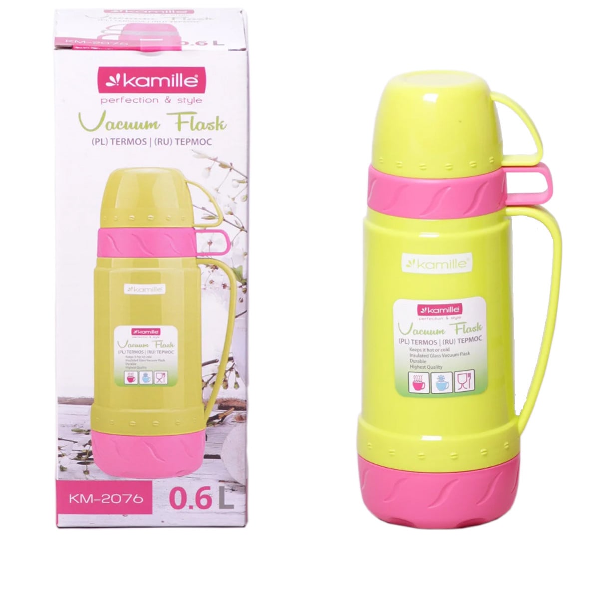 Термос Kamille 600 мл пластиковый со стеклянной колбой Желтый KM-2076