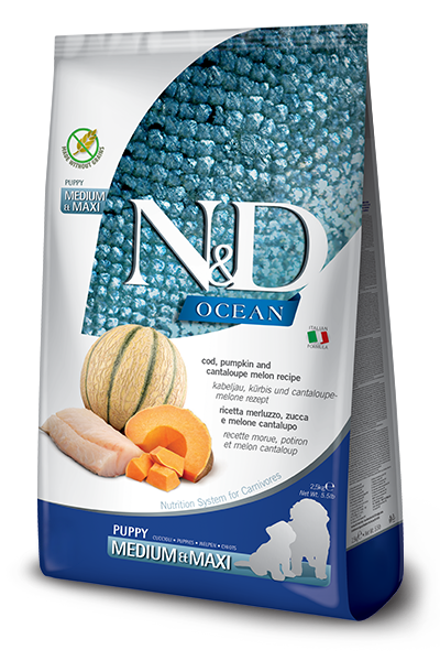 Корм сухой беззерновой Farmina N&D Grain Free OCEAN PUMPKIN для щенков средних и крупных пород с щепкой и дыней 12 кг