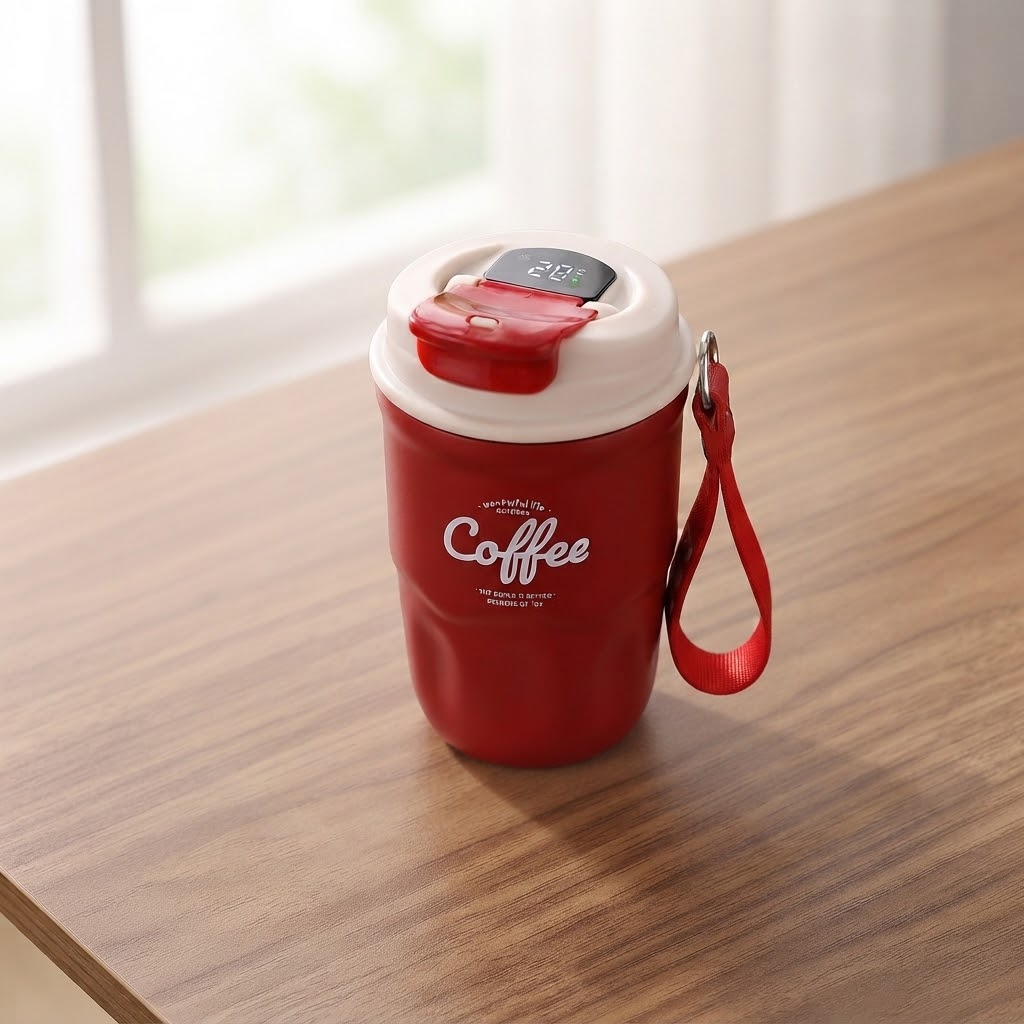 Термочашка вакуумная с ремешком датчиком температуры Coffee с двойными стенками крышка-клапан 400 мл 14x7,5 см Красный (HP-GM-18)