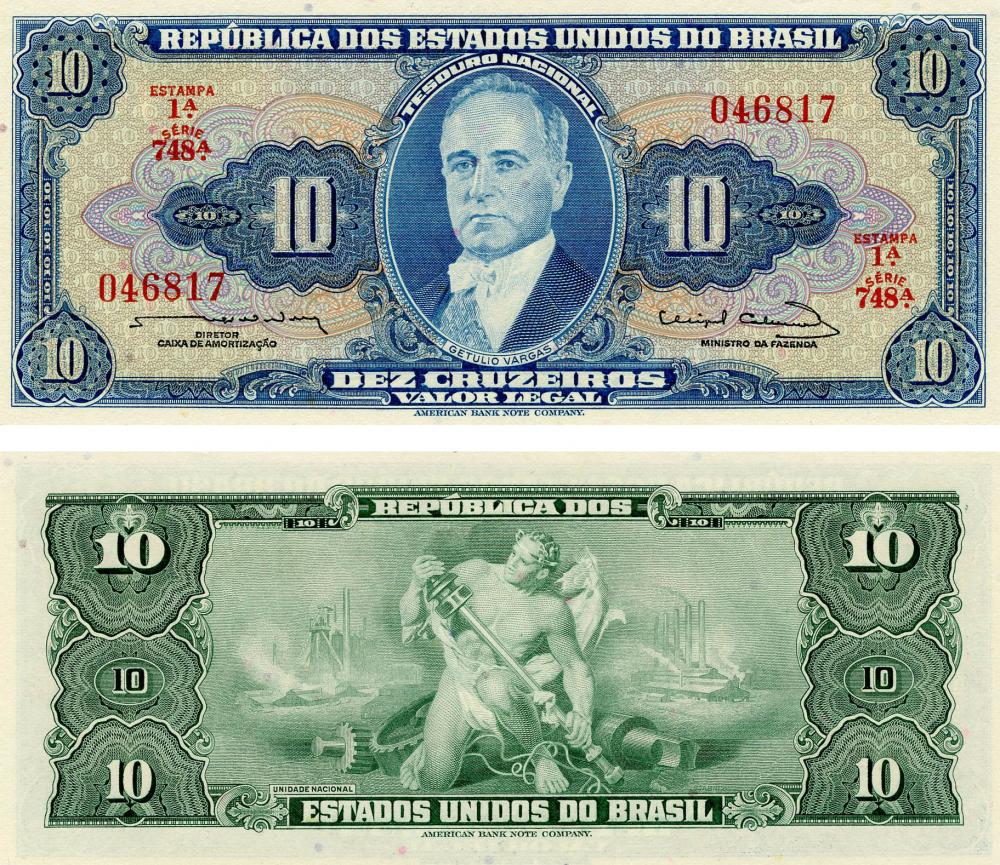 Коллекционная банкнота Бразилия 10 крузейро 1961-1963 UNC Голубая P167 (Б12571)
