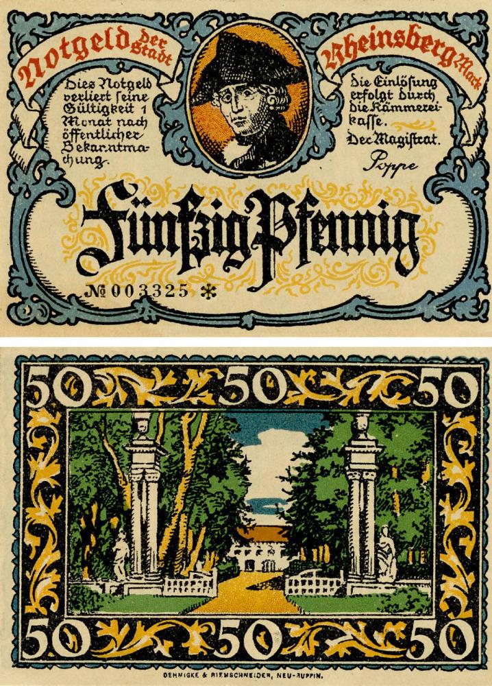 Коллекционная банкнота Германия Нотгельд 50 пфеннигов F-VF Райнсберг (Б18703)