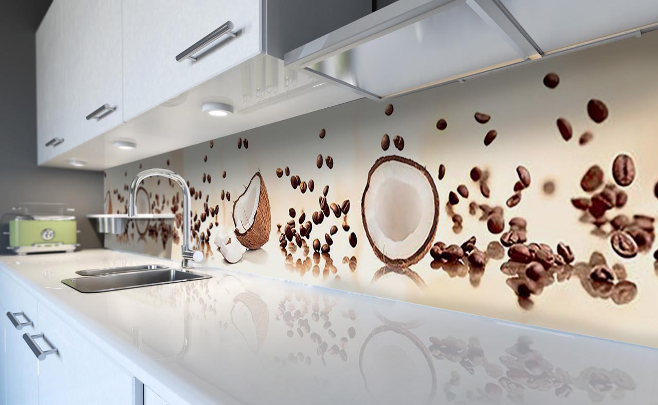 Кухонный фартук Кокосы и кофе зерна из самоклеящейся виниловой пленки 60х300 см Бежевый