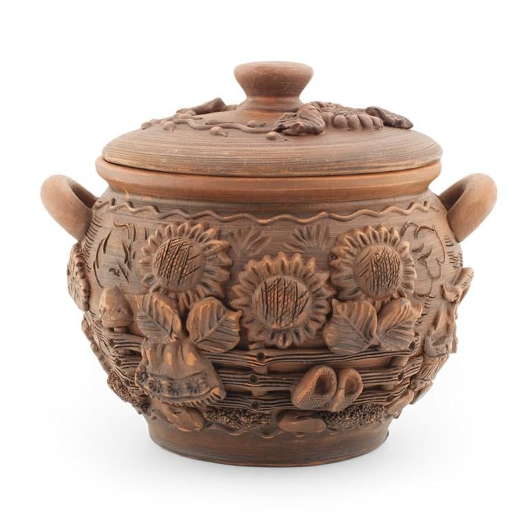 Супник глиняный с ручками и крышкой Деревня 1600 мл