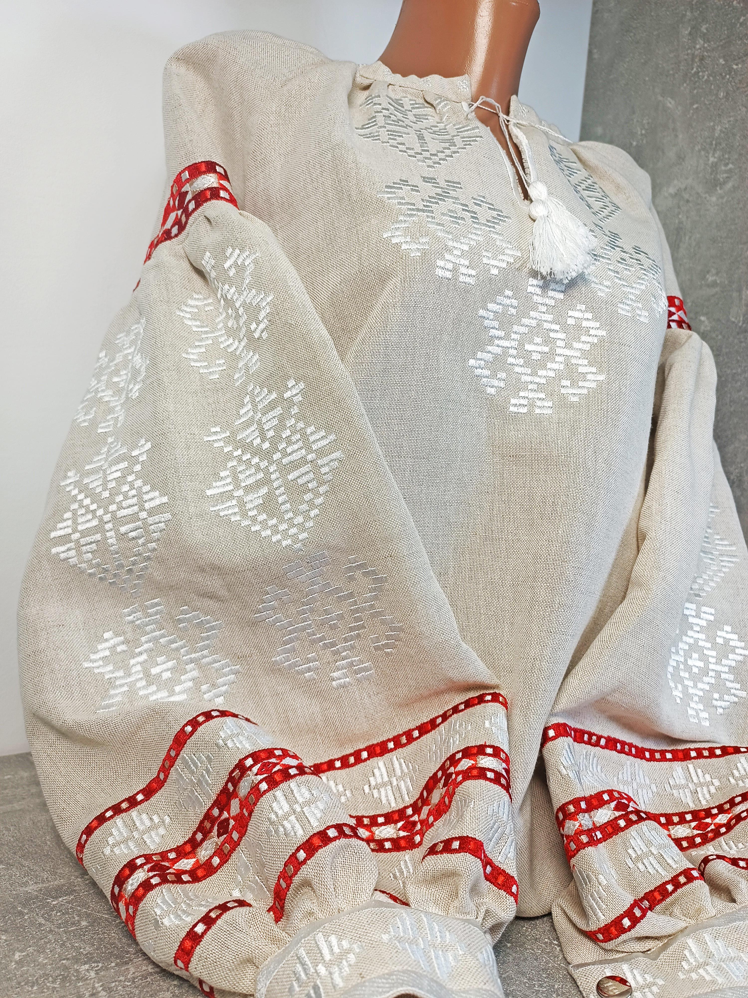 Вышиванка женская из хлопка и льна M Бежевый с красным (8313) - фото 3