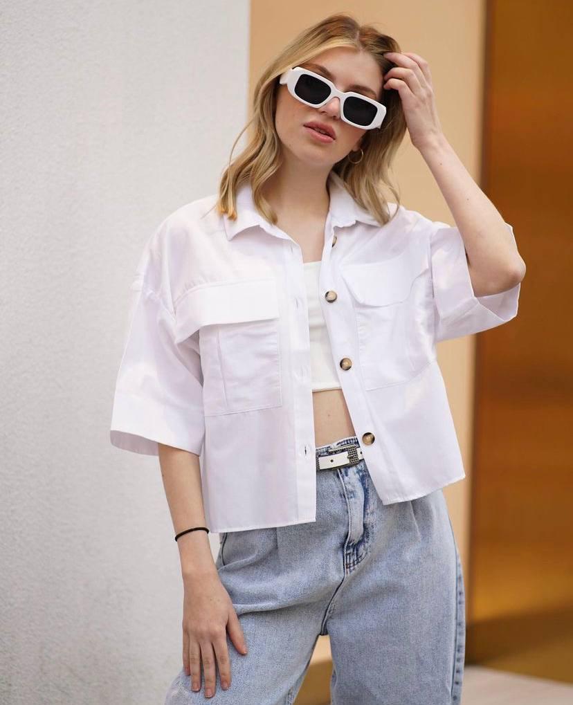 Сорочка жіноча MIX RAY 3656 коротка широка з накладеними кишенями на гудзиках L Білий (2671) - фото 8