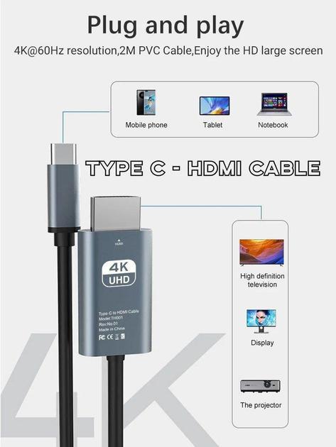 Кабель 4K 60Hz Type-C to HDMI 2 м Черно-серый (TH001) - фото 3