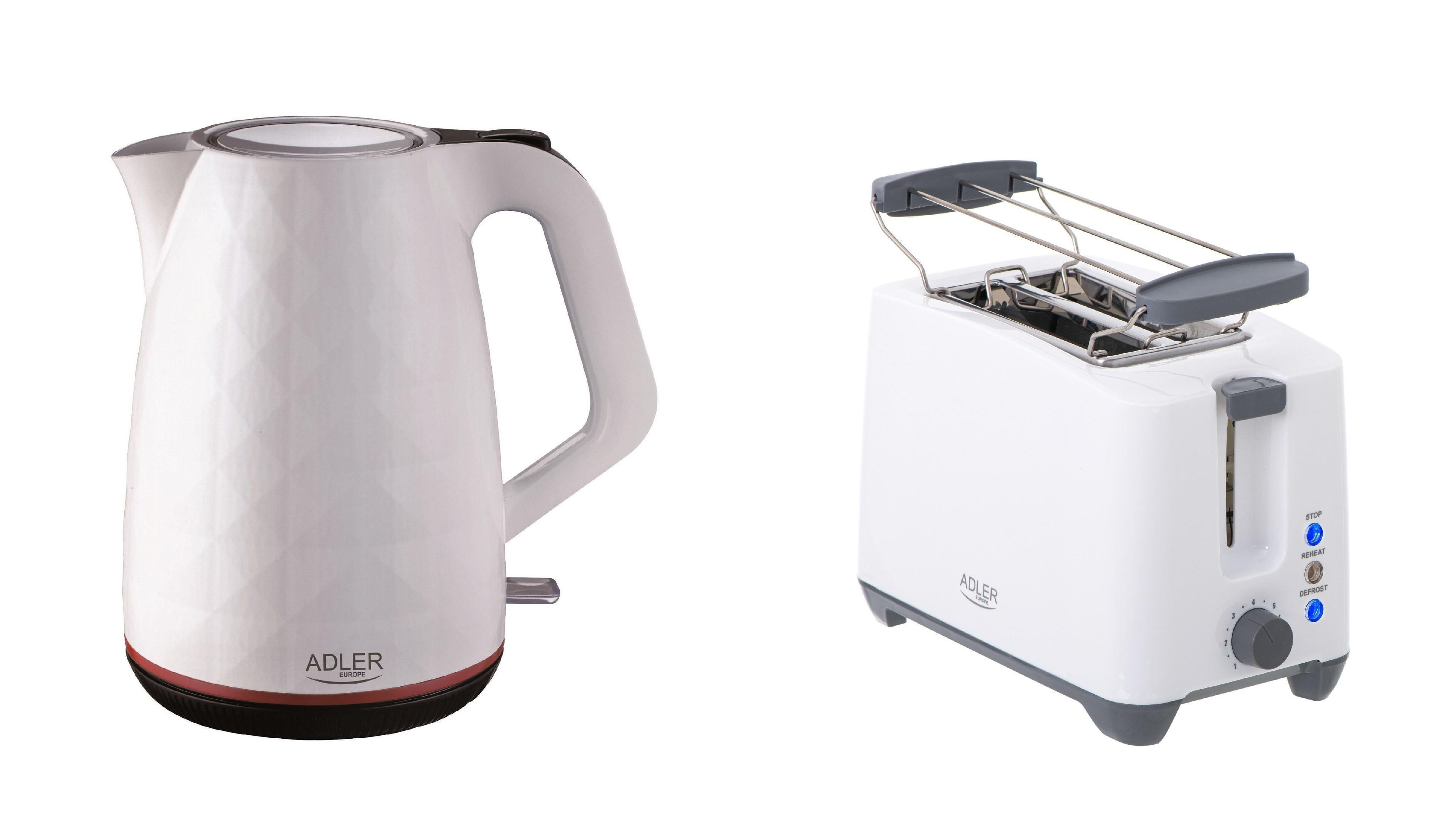 Комплект из электрочайника Adler AD 1277 и тостера Adler AD 3216 White