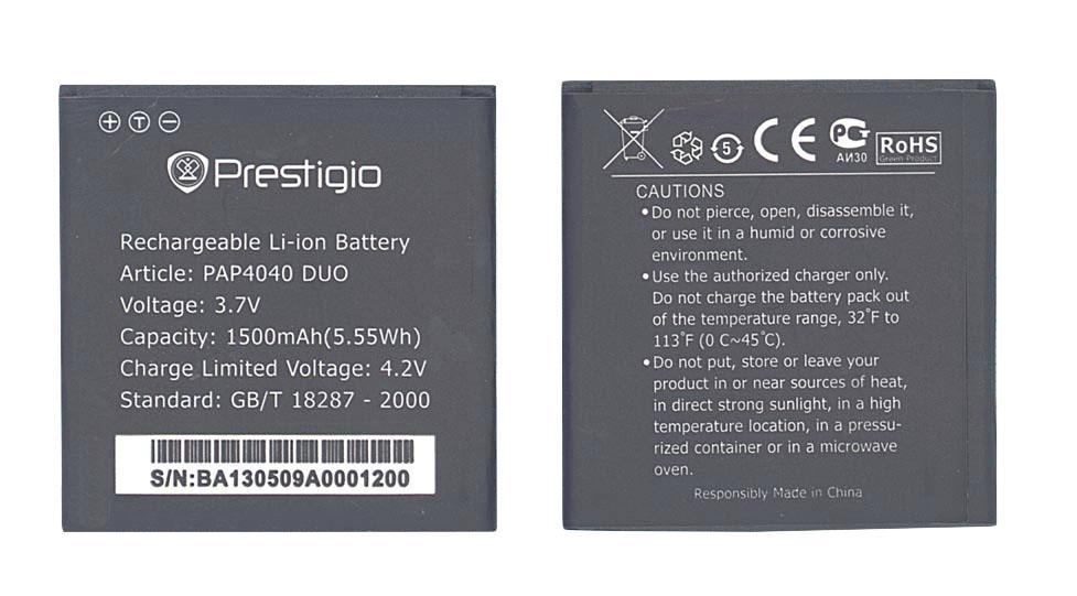 Аккумулятор для смартфона Prestigio PAP4040 4040 Multiphone 3,7V 1500 mAh 5,55 Wh Black