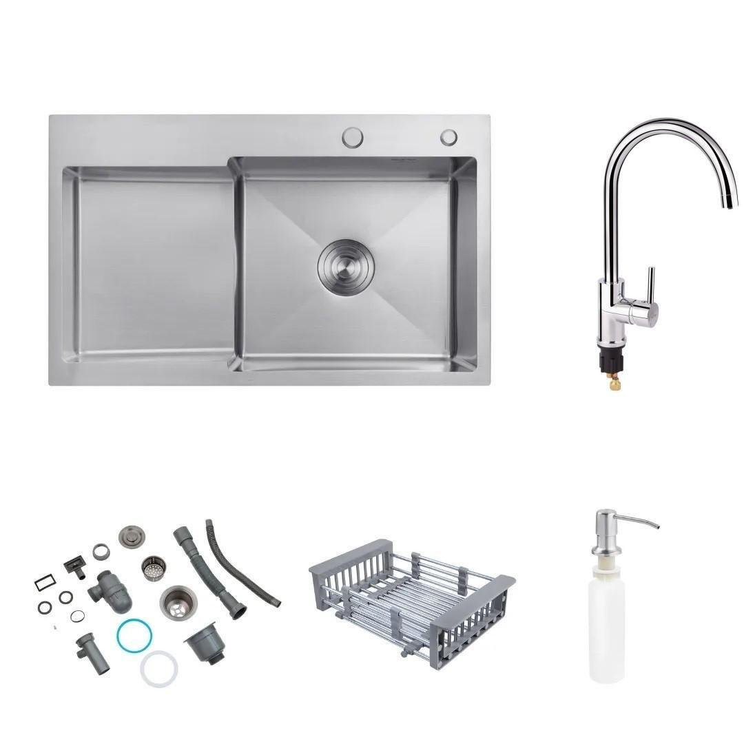 Мойка Kroner 7848RHM правая и смеситель для кухни Qtap Spring 007F-2 с подключением к фильтру