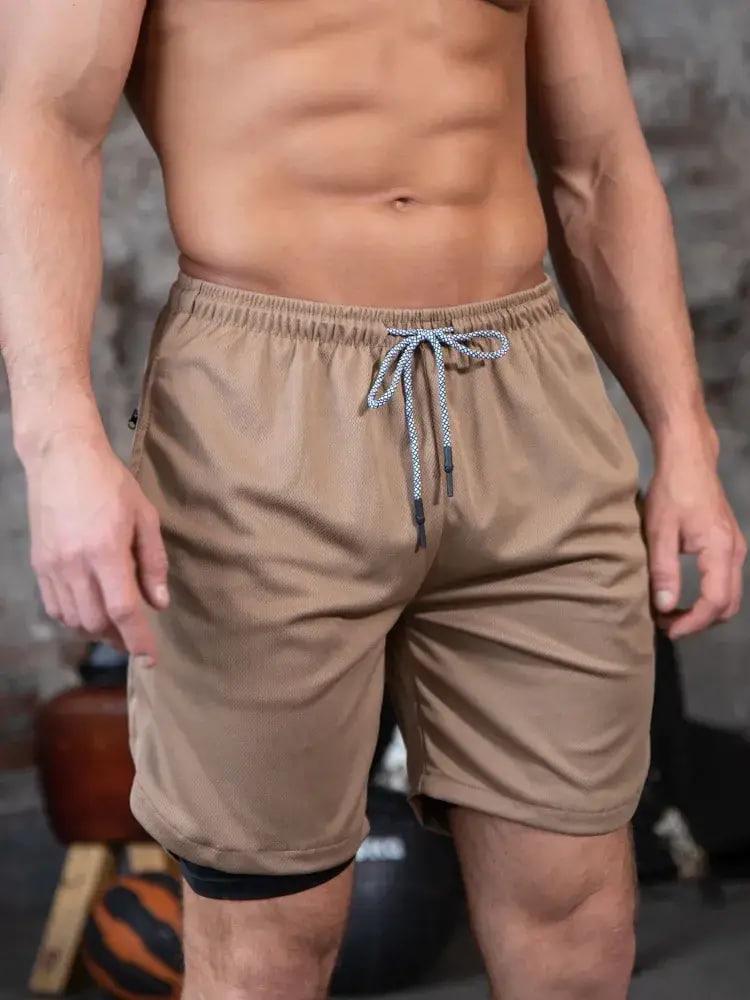 Шорты спортивные мужские для бега тренировок и фитнеса с карманом с черными тайтсами М Бежевый (10007M) - фото 3 Шорты спортивные мужские для бега тренировок и фитнеса с карманом с черными тайтсами М Бежевый (10007M) - фото 3