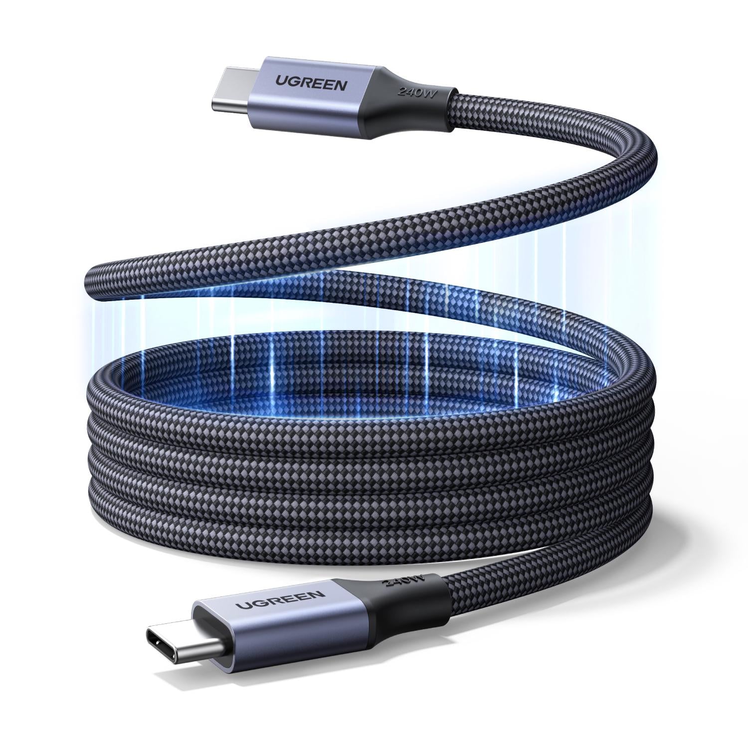 Кабель USB-C на USB-C с магнитным сматыванием UGREEN L537 0,5 м зарядка PD до 240 Вт USB 2.0 до 480 Мбит/с без DisplayPort Alt Mode Серый (85529)