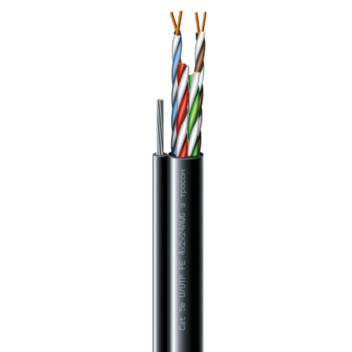 Кабель сетевой уличный ЗЗКМ РЕ steel cord 4x2x24 UTP Cat5е 500 м с тросом Черный (70910181)