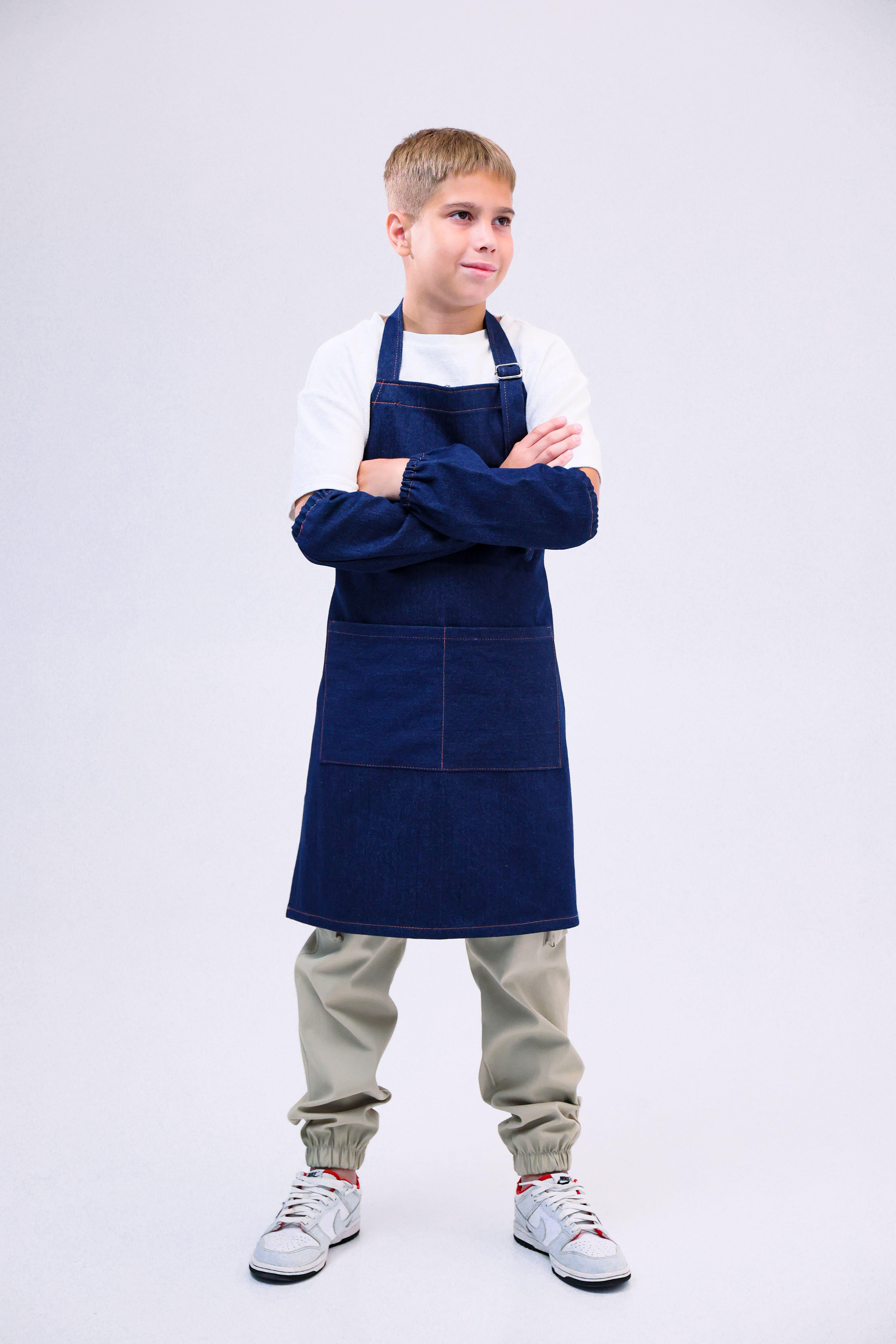 Фартук для уроков труда с нарукавниками из джинсовой ткани для школы (п/хл-дж134)