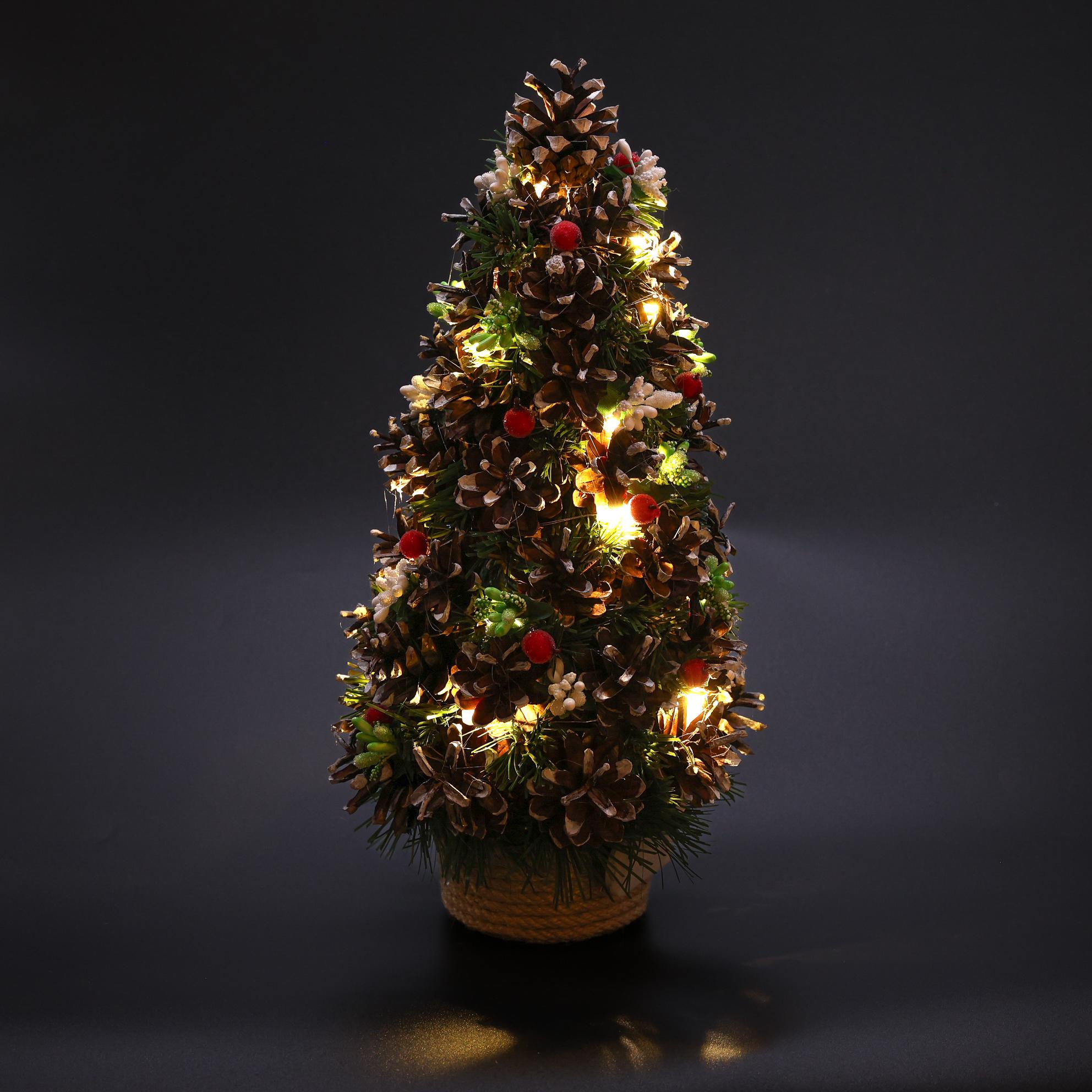 Елка декоративная ДАЙС из шишек и декора на подставке обтянутой веревкой и лед подсветкой 35 см (Е3504Л) - фото 3