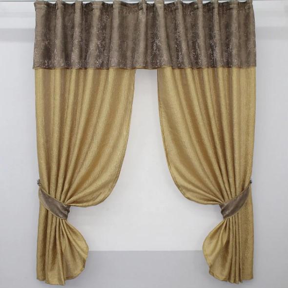 Комплект штор на кухню/балкон с ламбрекеном 270х170 см Золотистый/Какао (073к)