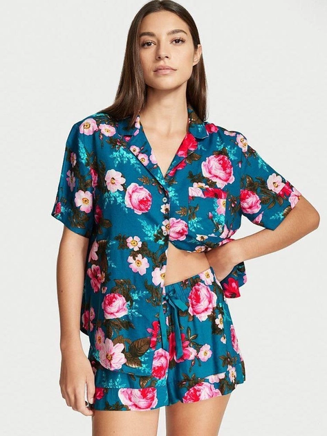 Піжама жіноча Victoria's Secret Flannel Short Pajama Set фланелева в різнобарвні квіти S Синій (15296957)