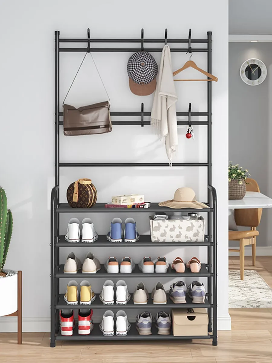 Вішалка для одягу в передпокій з полицями для взуття Simple floor clothes rack Чорний - фото 4